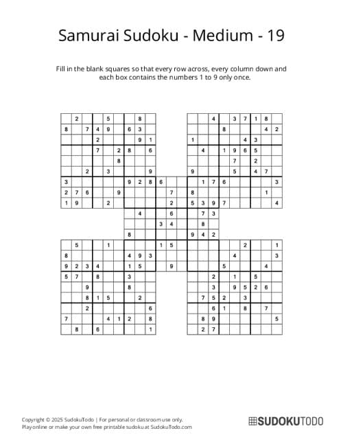 Samurai Sudoku Puzzles Printable
