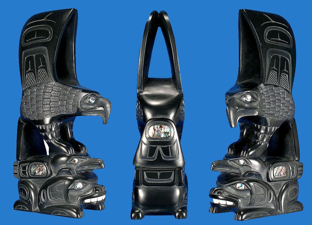 Haida argillite eagle, raven, and bear sculpture by Glen Pollard ...