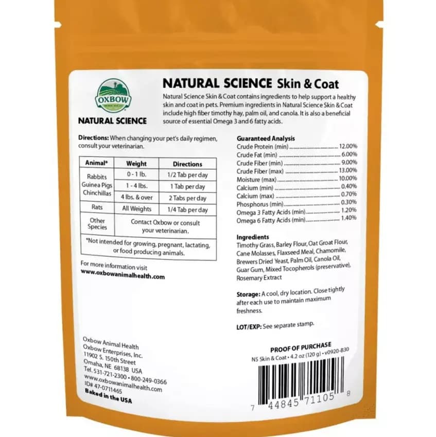 Oxbow Natural Science Skin & coat supplement, 120g for rabbits & small ...
