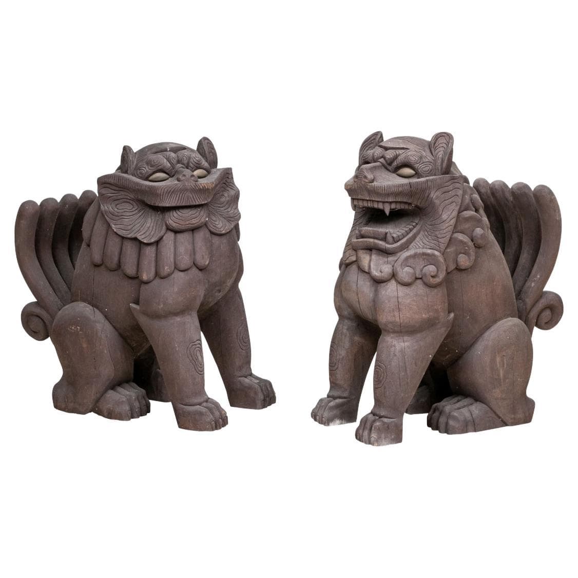 Japanese Momoyama Carved Wooden Shinto Temple Lion Dog Figures For Sale ...