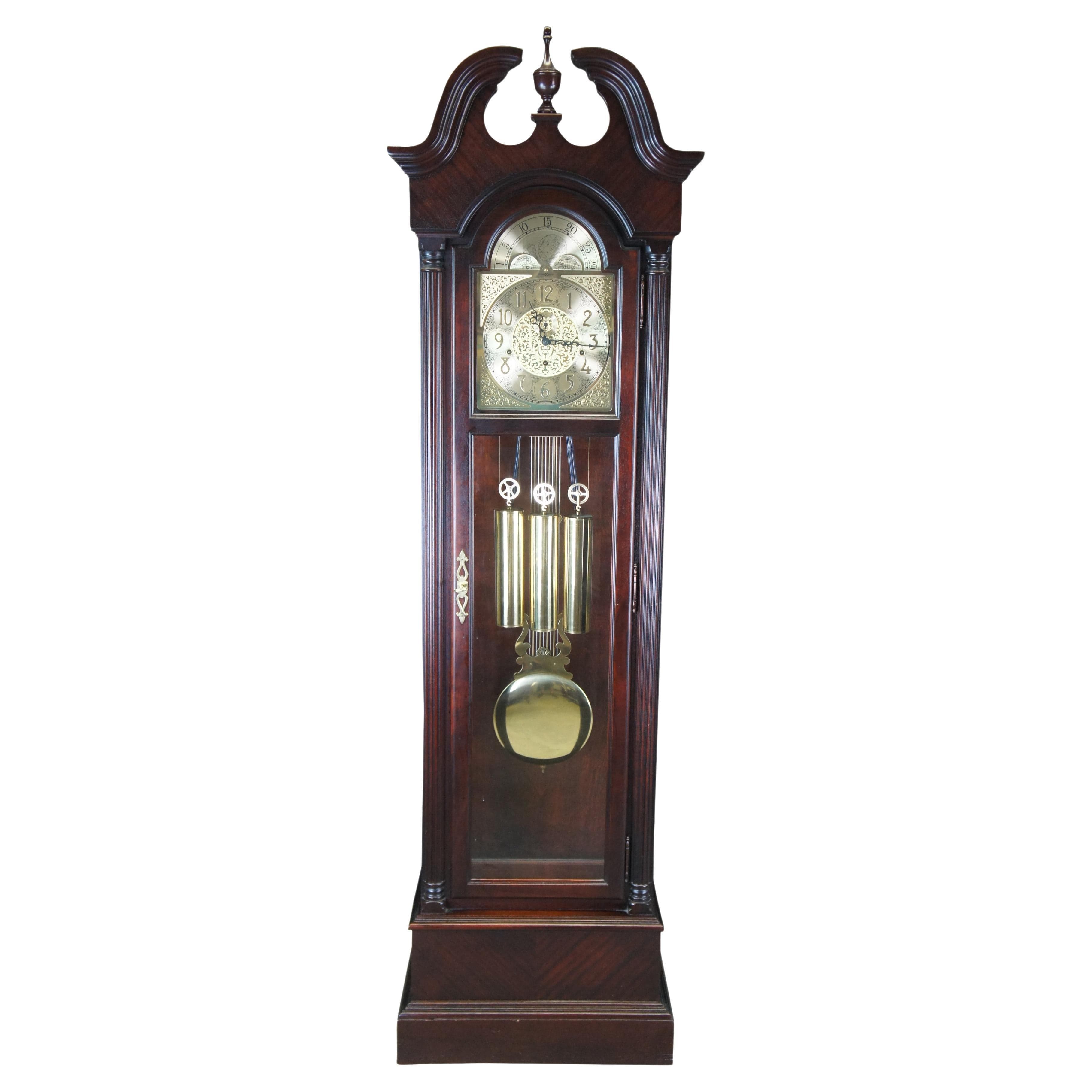 Vintage Howard Miller Mahogany Grandfather Clock Open Pediment Moon ...