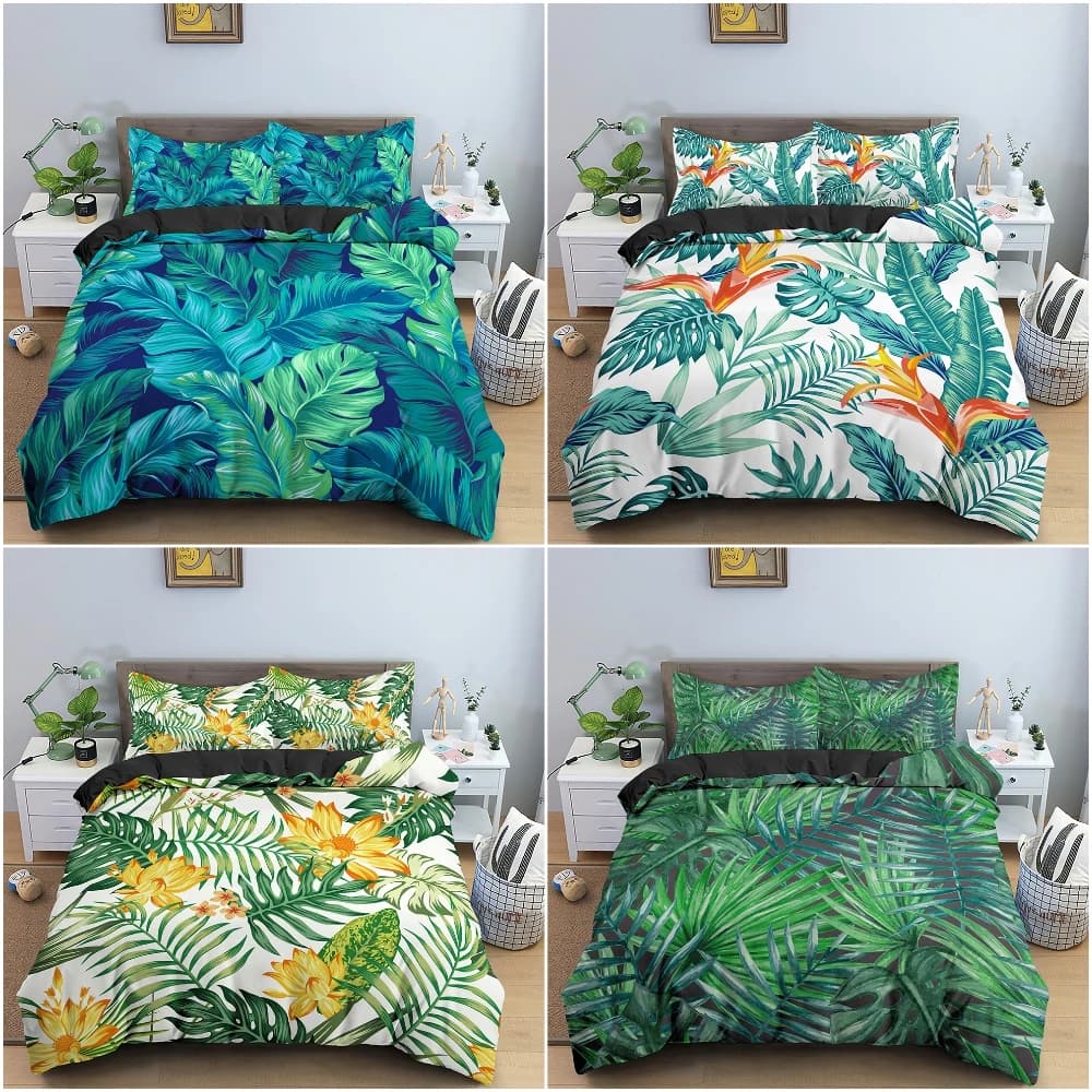 Tropical-Bedding-Set-Colorful-Leaves-Duvet-Cover-Set-Rainforest-Jungle ...