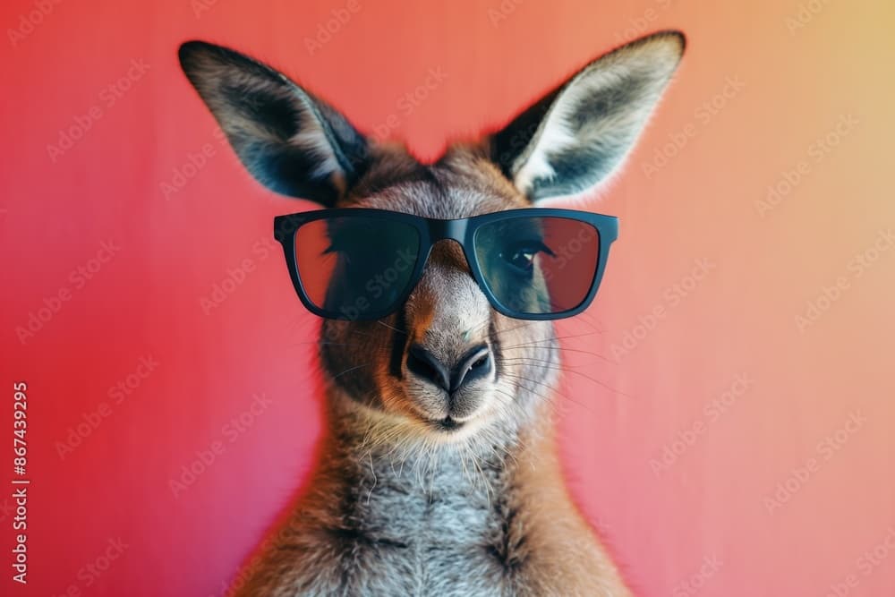 Kangaroo wears black sunglasses and glasses on bright red studio ...