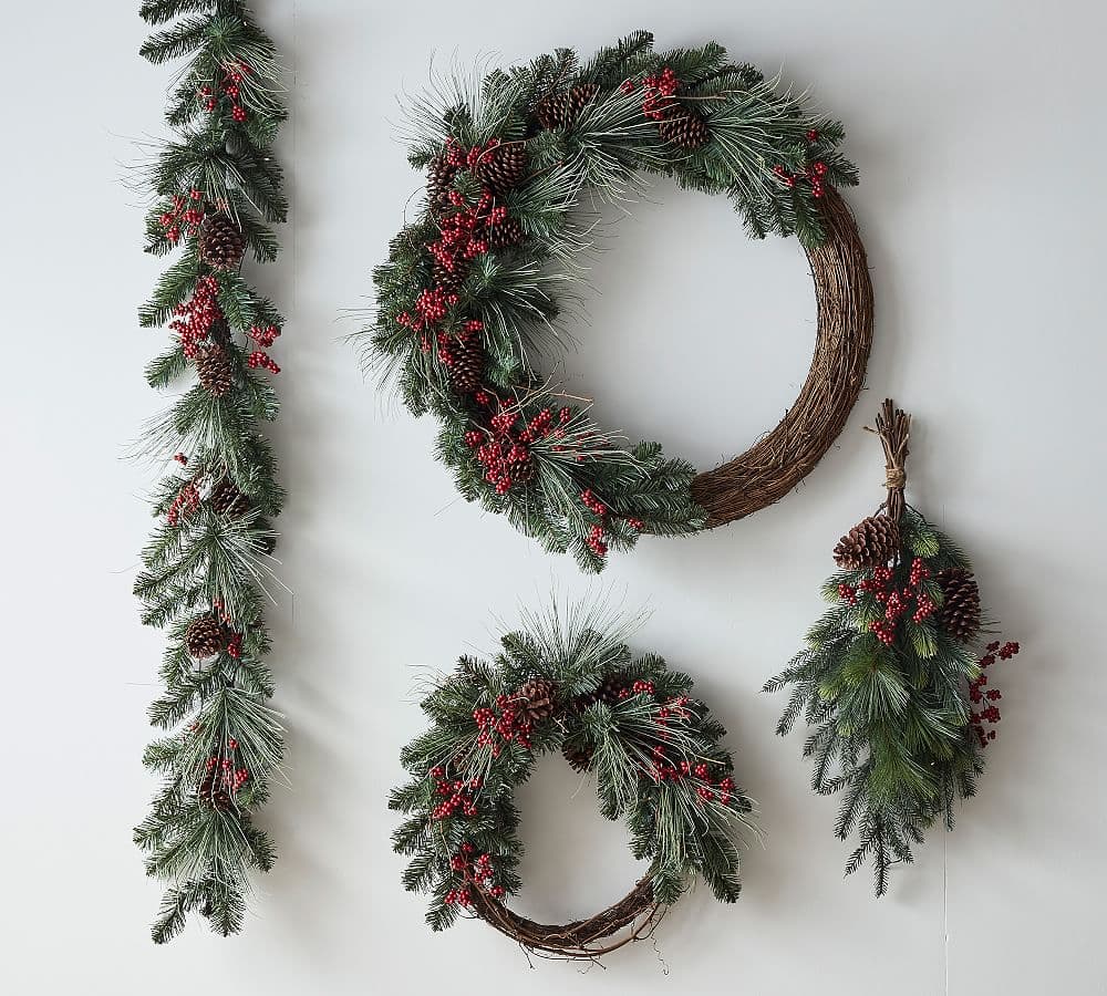 Lit Faux Red Berry & Pine Wreath | Pottery Barn