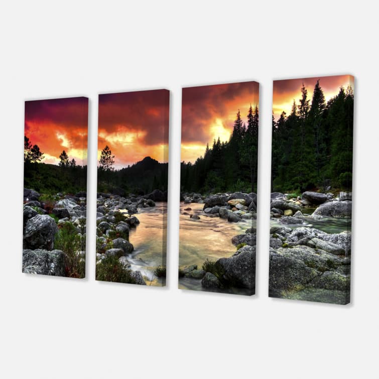 Millwood Pines Rocky Mountain River At Sunset On Canvas 4 Pieces Print ...