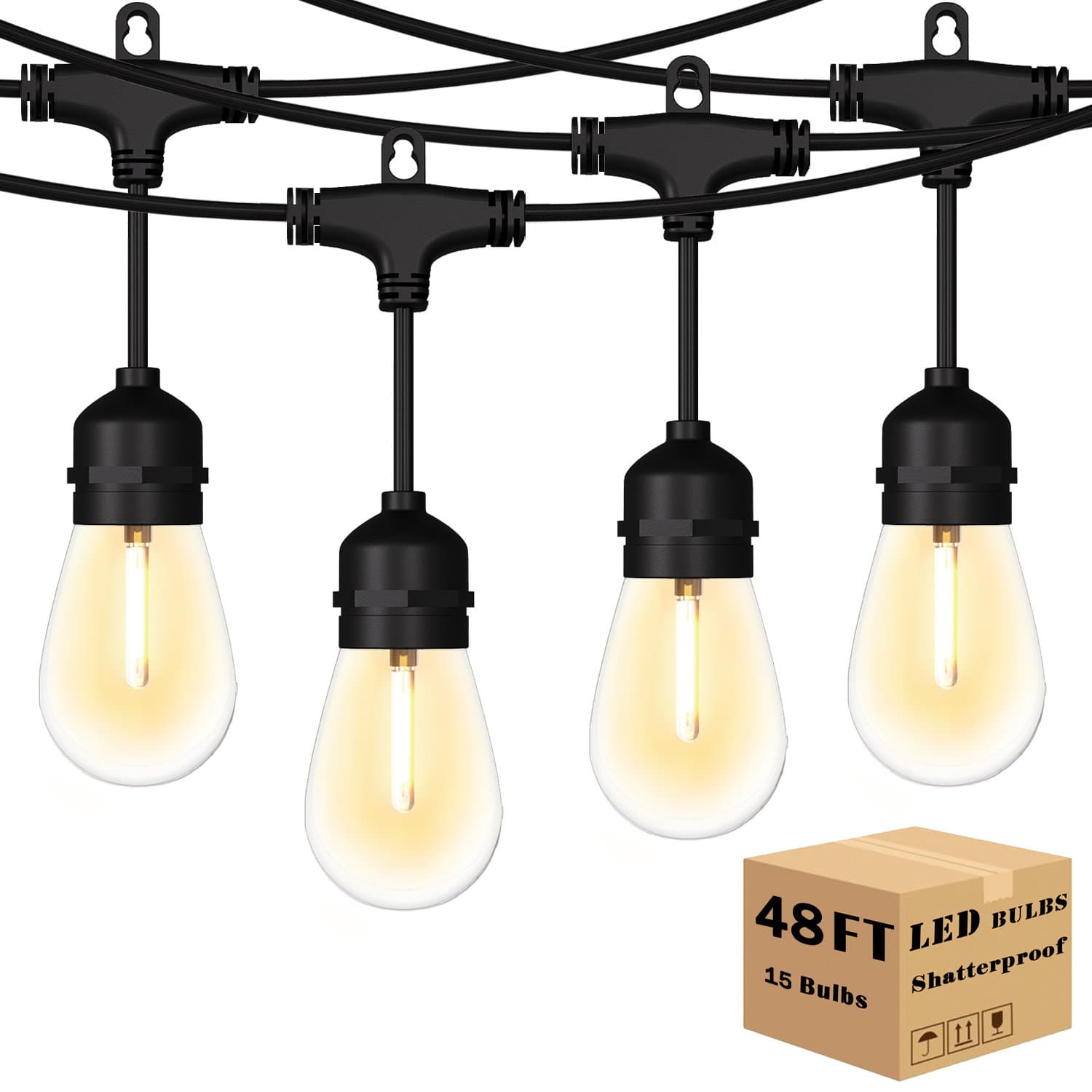 Arlmont & Co. 48FT LED Outdoor String Lights Patio Lights with 15 ...
