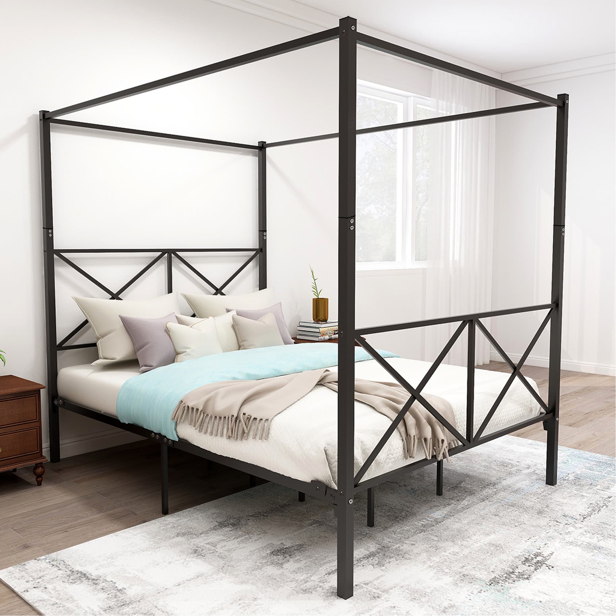 Wrought Studio Metal Canopy Bed Frame, Platform Bed Frame Queen With X ...
