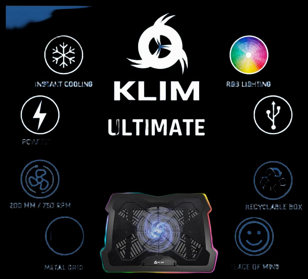 Klim Ultimate Refroidisseur PC Portable 11" à 17" - Éclairage RGB - Support Ordinateur Portable Gaming - Nouveauté - Ventilateur USB - Stable et Silencieux - Compatible avec Mac Xbox One PS4 PS5