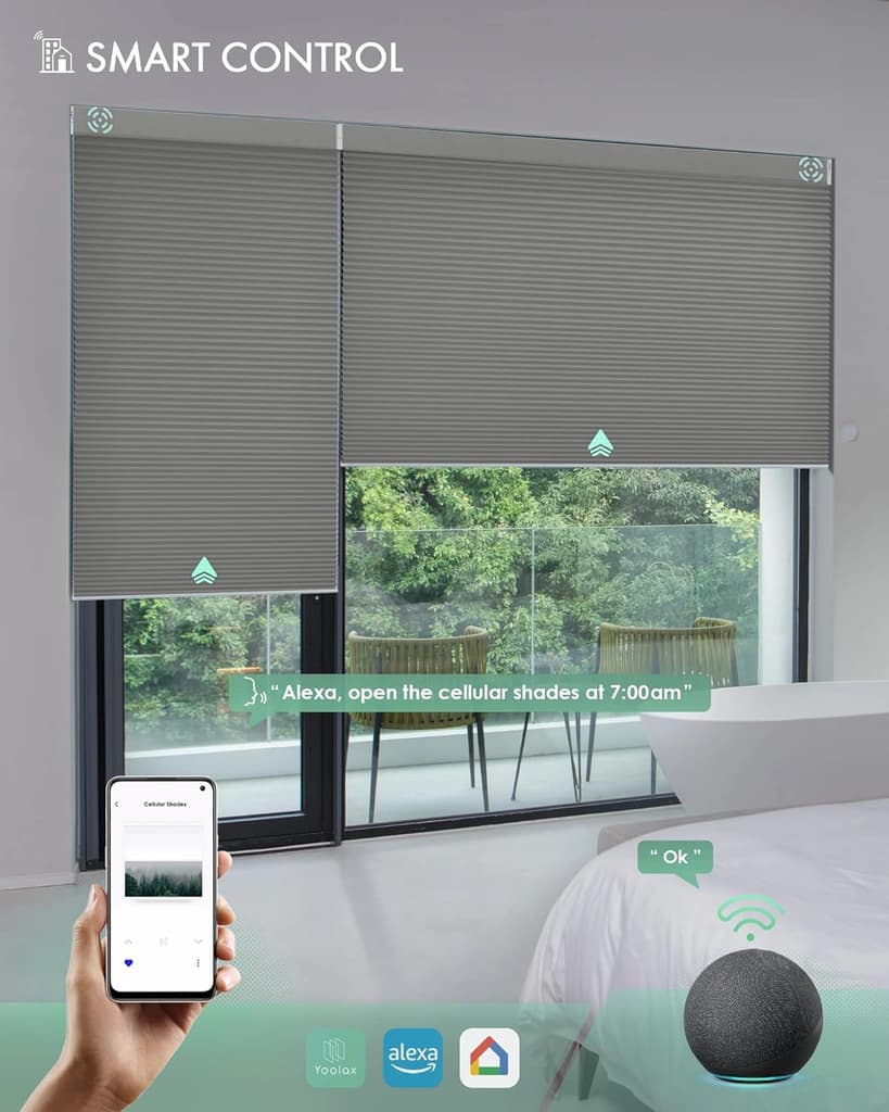 Yoolax Motorized Blinds with Remote, Waterproof Automatic Blinds for Windows 100% Blackout Smart Shades Work with Alexa, Motorized Roller Shades Customized Size for Home, Office, Bathroom(White)