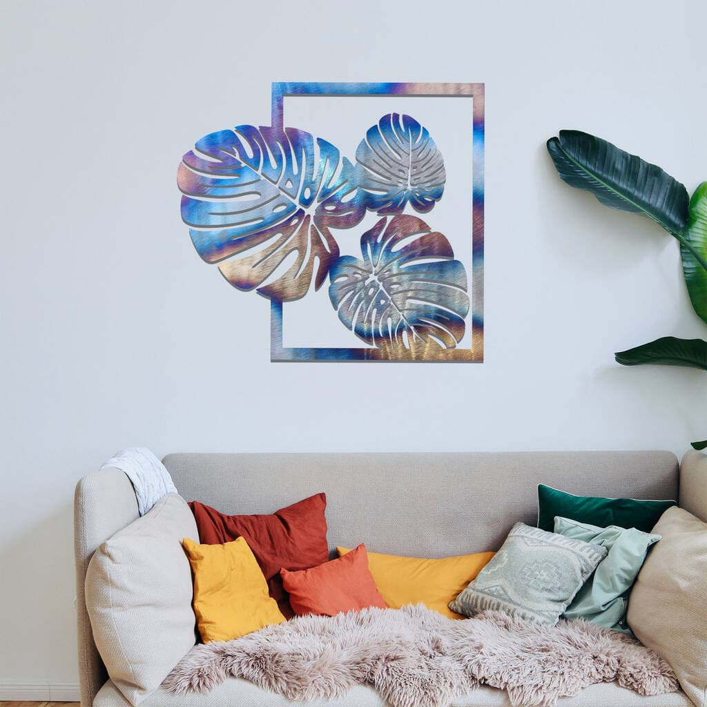 Framed Metal Monstera Leaves Art Tropical Wall Elegance By Duke Craft