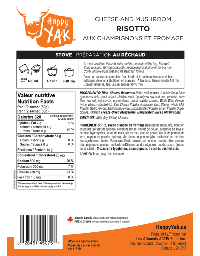 Freeze-Dried Meal Ration Risotto Mushroom Cheese Happy Yak - Army ...