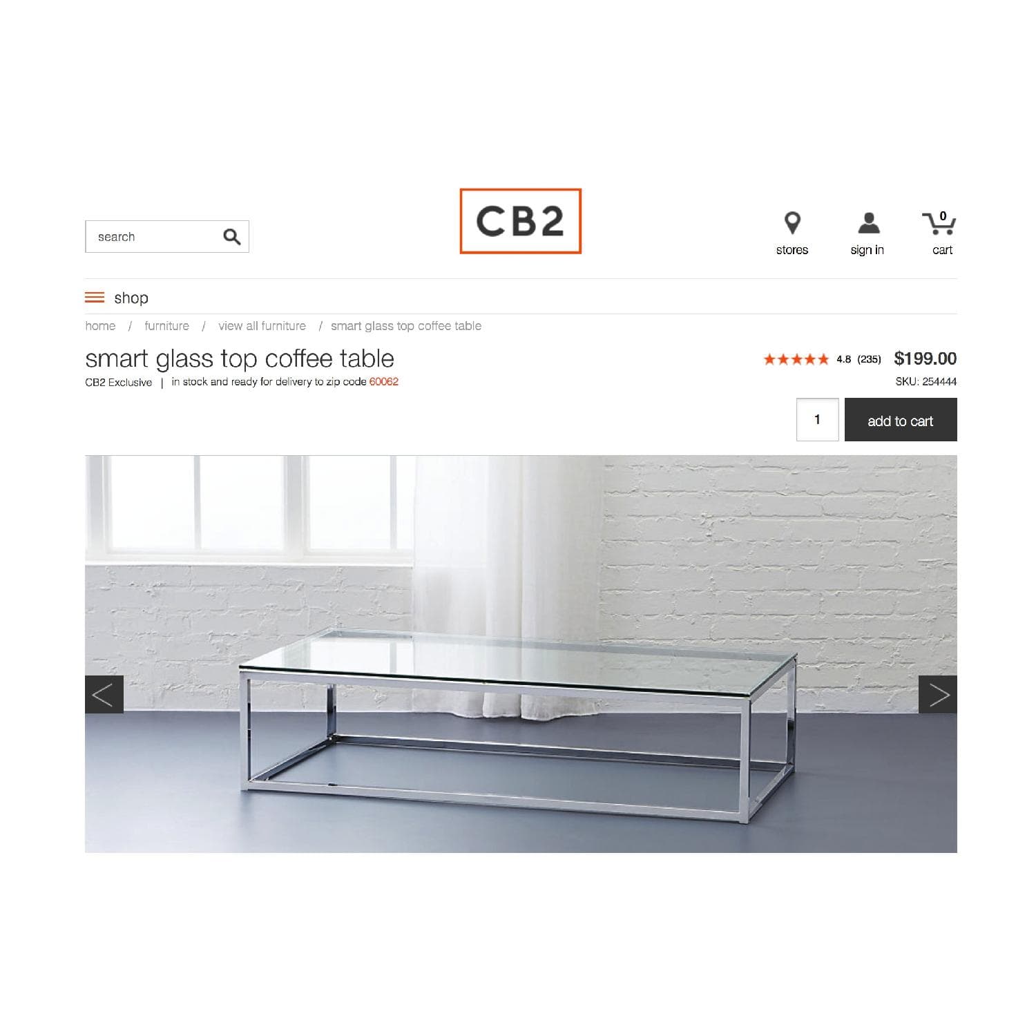 CB2 Smart Glass Top Coffee Table - AptDeco