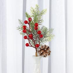 11" Artificial Frosted Pine Twig Pick With Red Berries And Pinecone ...