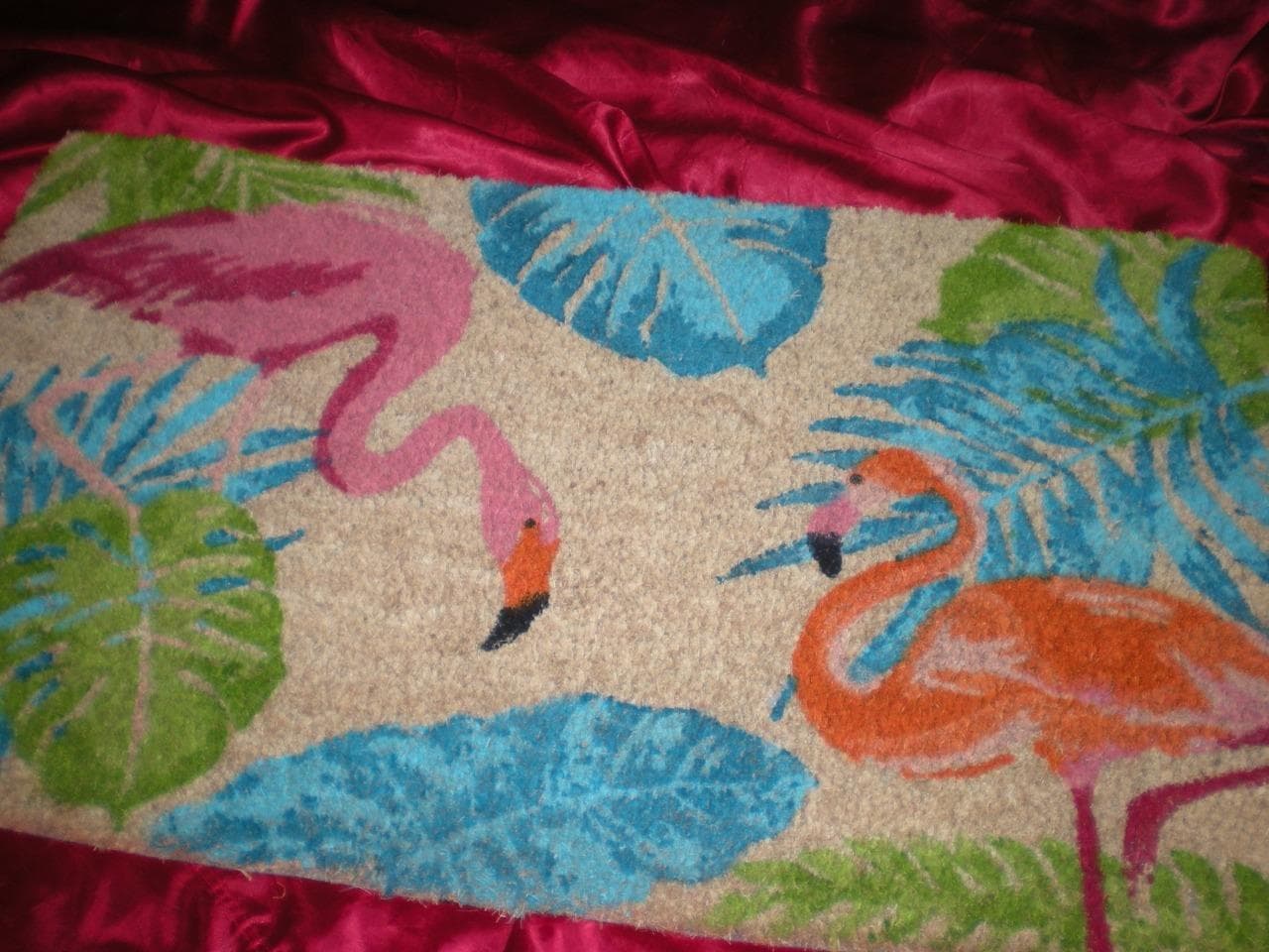 2 TROPICAL PINK FLAMINGOS GREEN BLUE FOLIAGE FLAMINGO COIR DOOR MAT RUG ...