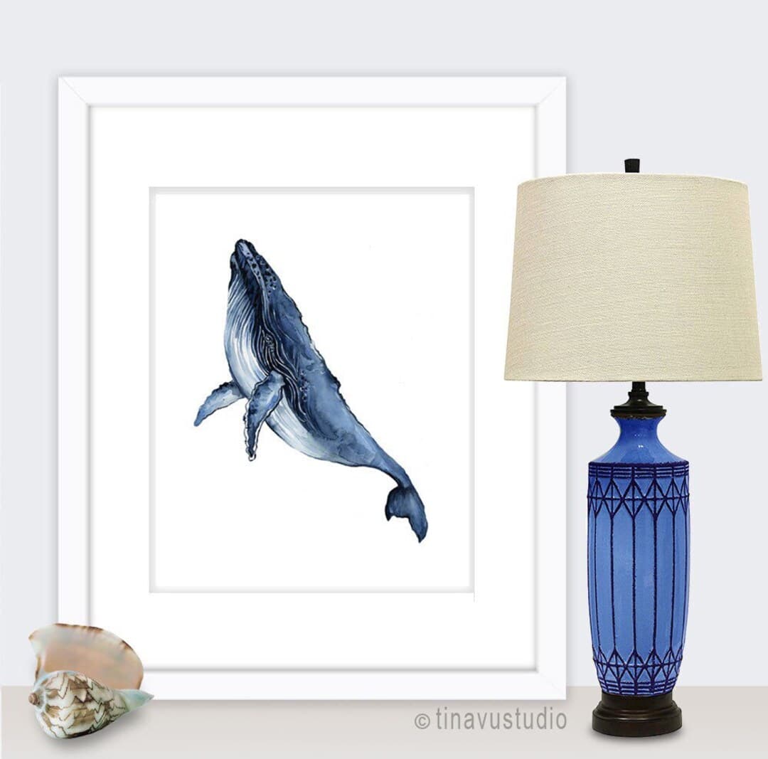 Watercolor Humpback Whale, Nautical Printable, Indigo Wall Artwork ...