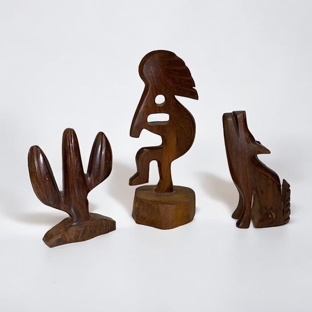 Wooden Kokopelli Figurine With Wolf and Cactus 3 Pieces Dark Wood, Wood ...