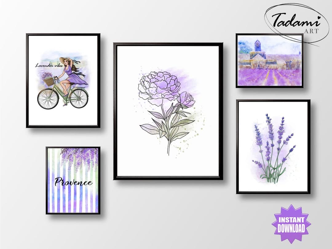 Provence Art Set 5 Lavender Field Drawing Watercolor Flower Art French ...