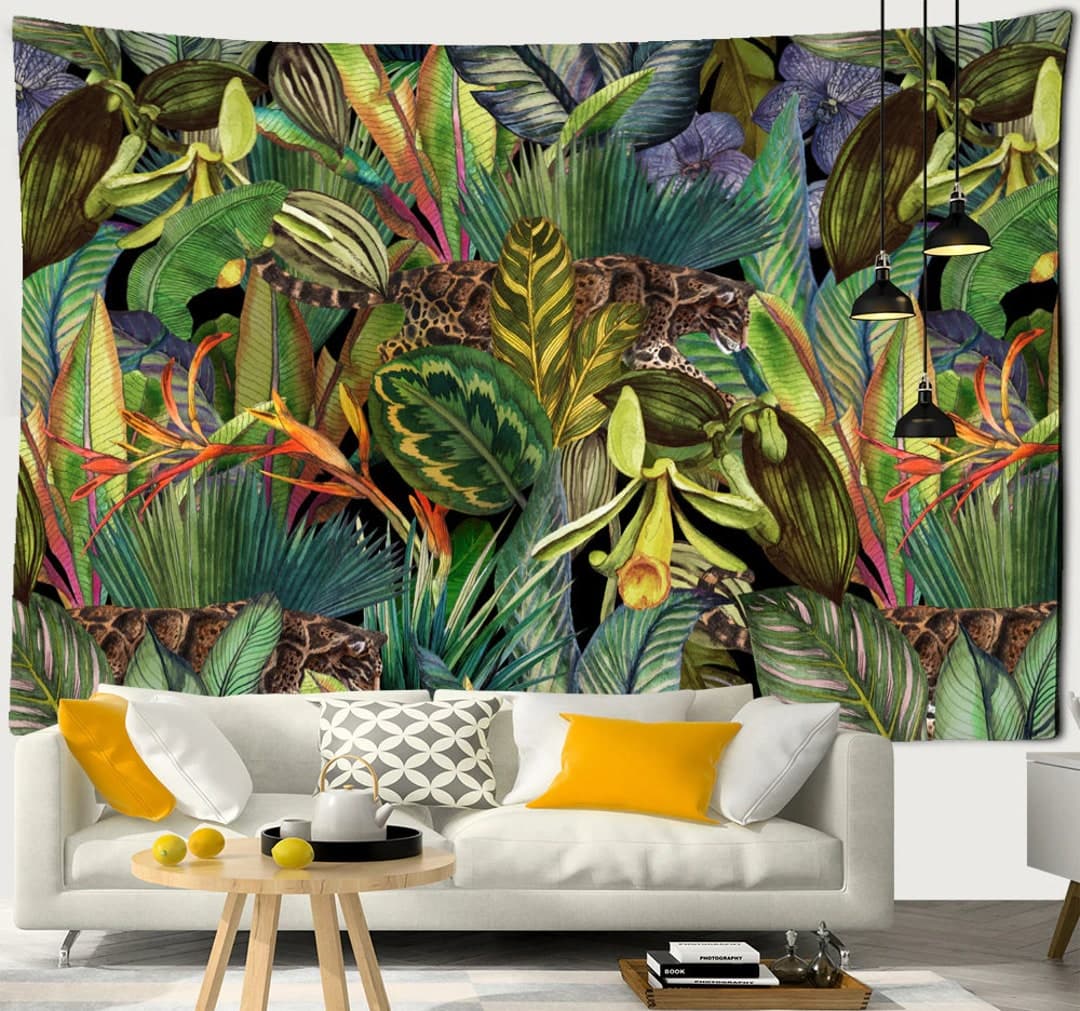 Tropical Wall Tapestry Jungle Rain Forest Green Leaves Wall Hanging ...