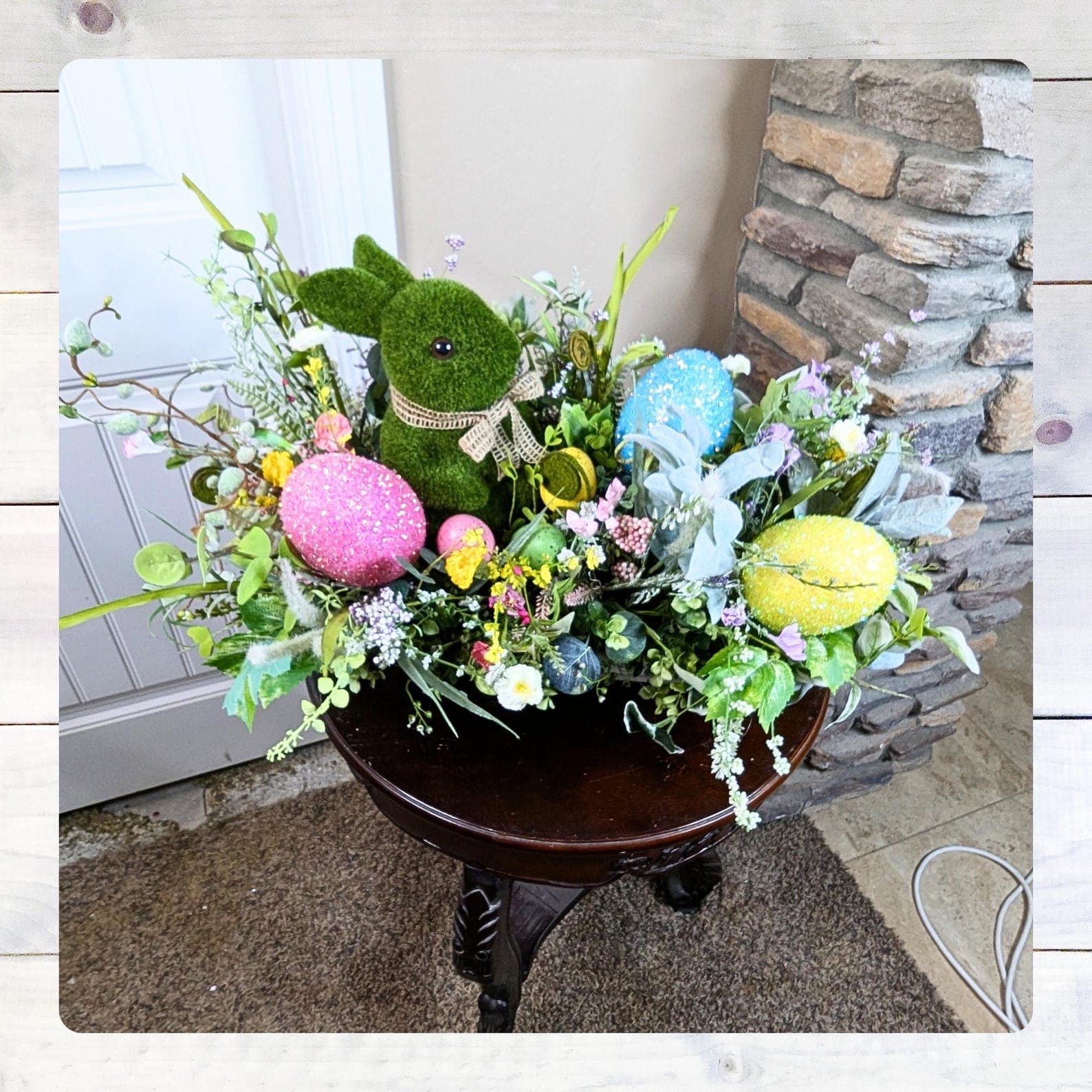 Easter Moss Bunny Centerpiece With Glitter Eggs Spring Flowers Handmade ...