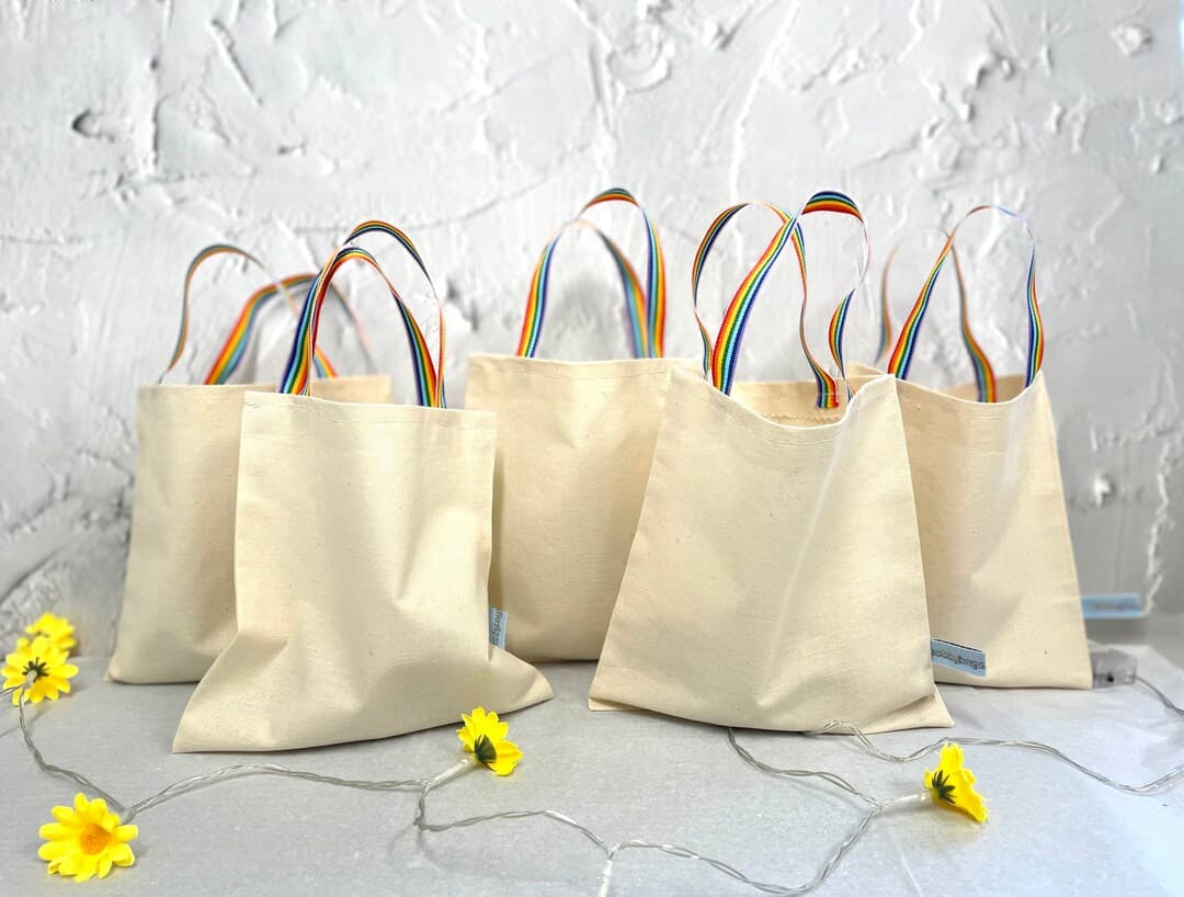 Unbleached Cotton Rainbow Party Bags, Favour Bags, Mini Tote Bags for ...