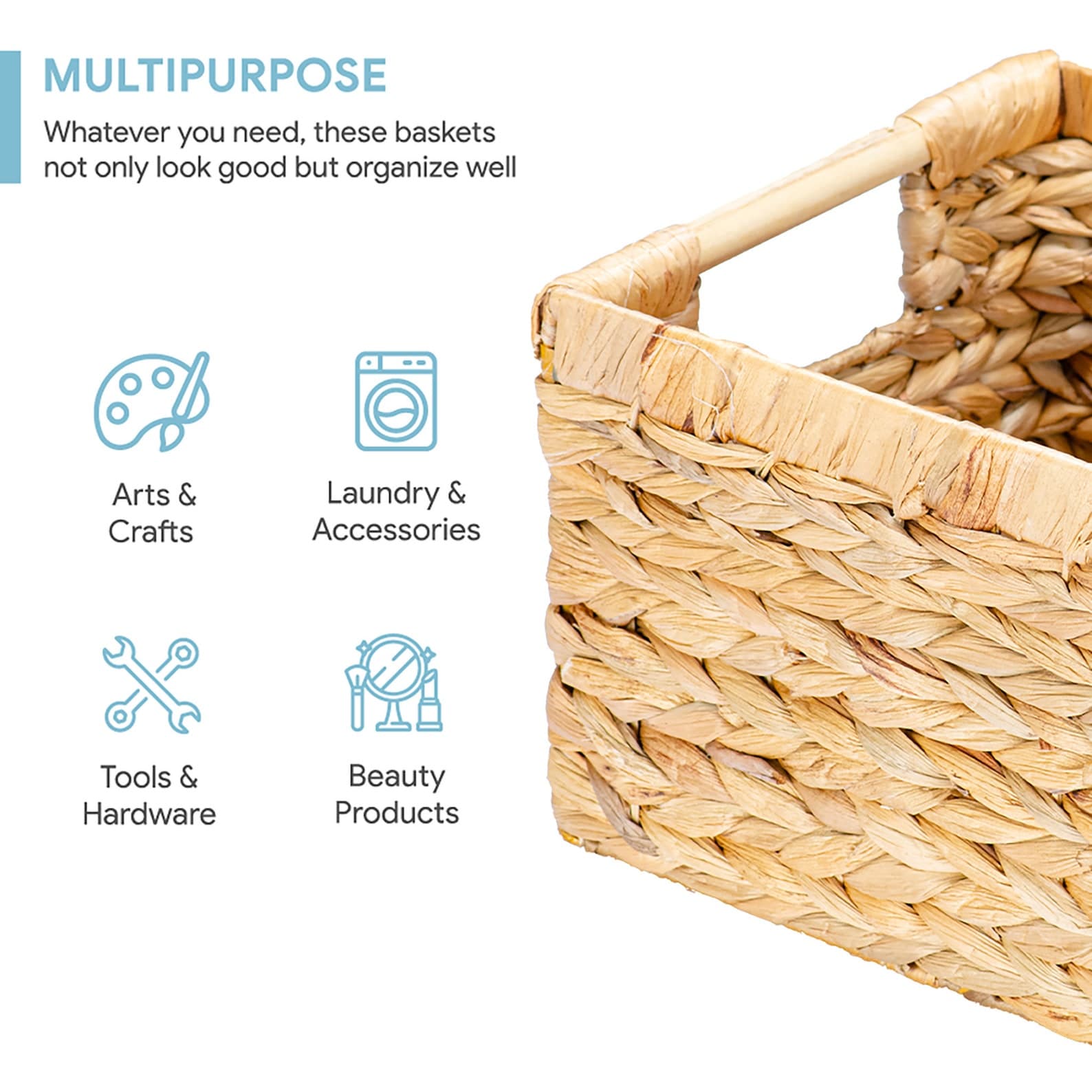 Natural Water Hyacinth Storage Basket With Handle, Rectangular Wicker ...