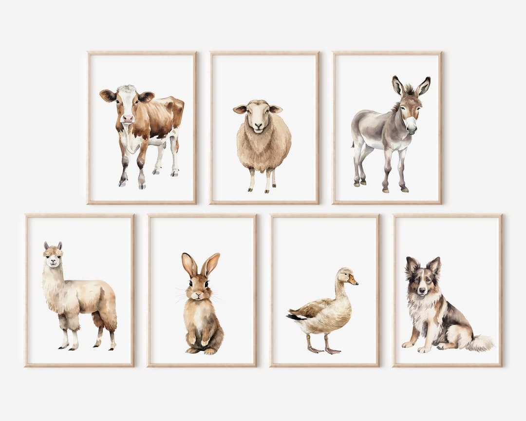 Watercolor Farm Animal Wall Art, Set of 7 Prints, Farm Themed Room ...