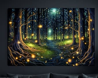 Fireflies Light up a Mystical Forest at Night, Framed Canvas Art ...