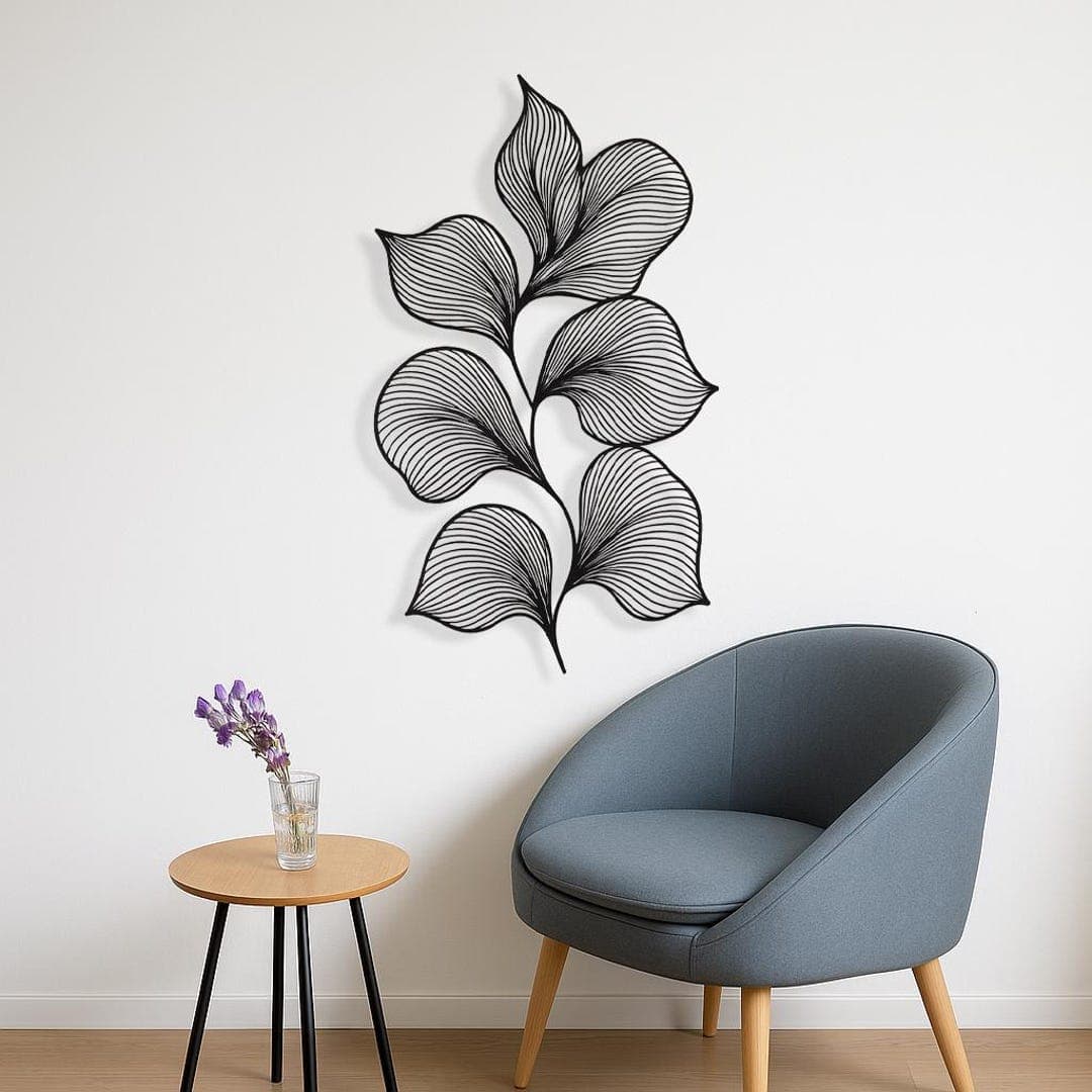 Leaf Metal Wall Art, Vertical Black Botanical Line Wall Decor, Nature ...