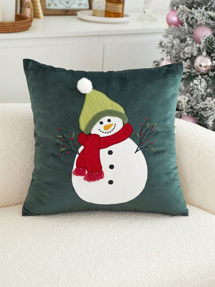1pc Christmas Green Snowman Embroidered Decorative Pillow Cover ...