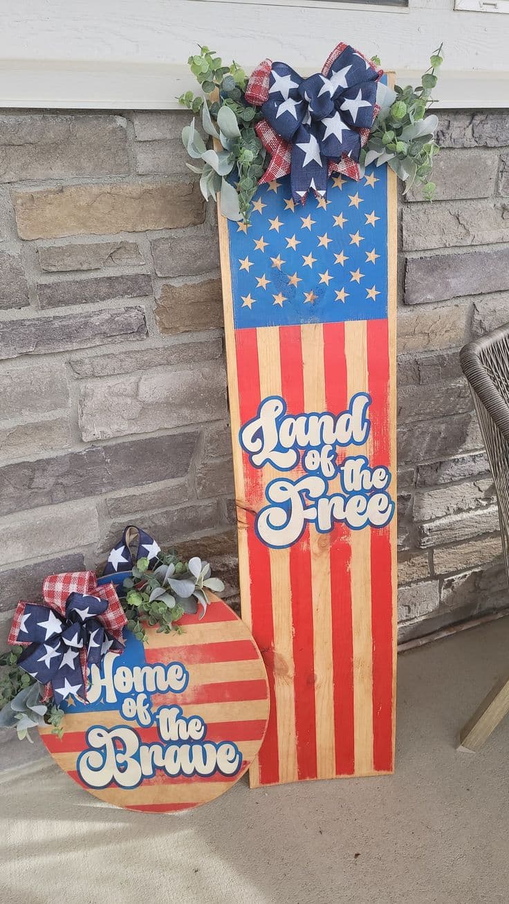 Patriotic Porch Leaner and Door Hanger Set With American Flag Detail ...