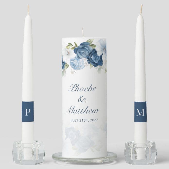 Modern Elegant Dusty Blue Floral Wedding Unity Candle Set | Zazzle ...