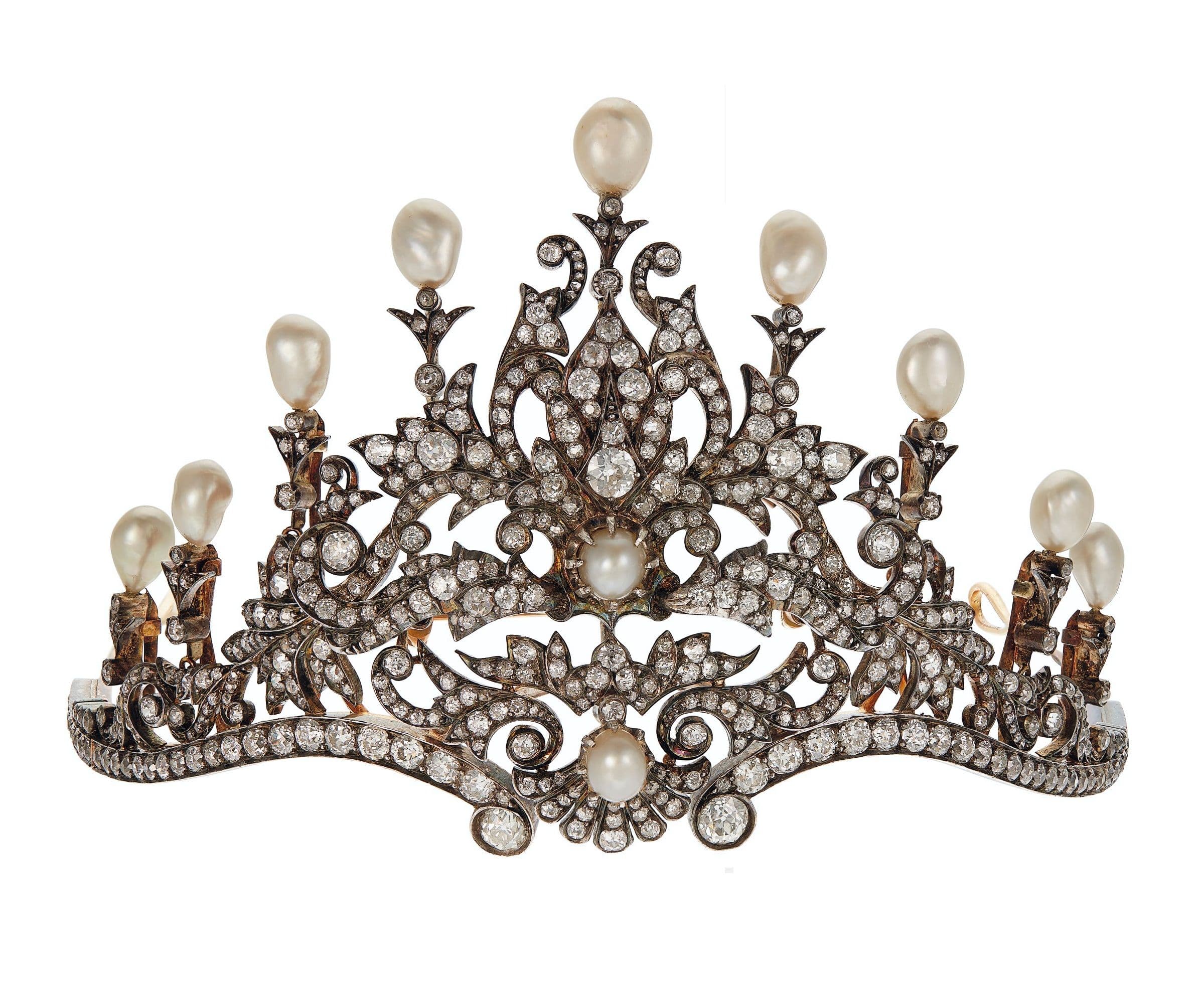 DIAMOND AND CULTURED PEARL TIARA | Pearl tiara, Crystal tiaras, Pearls