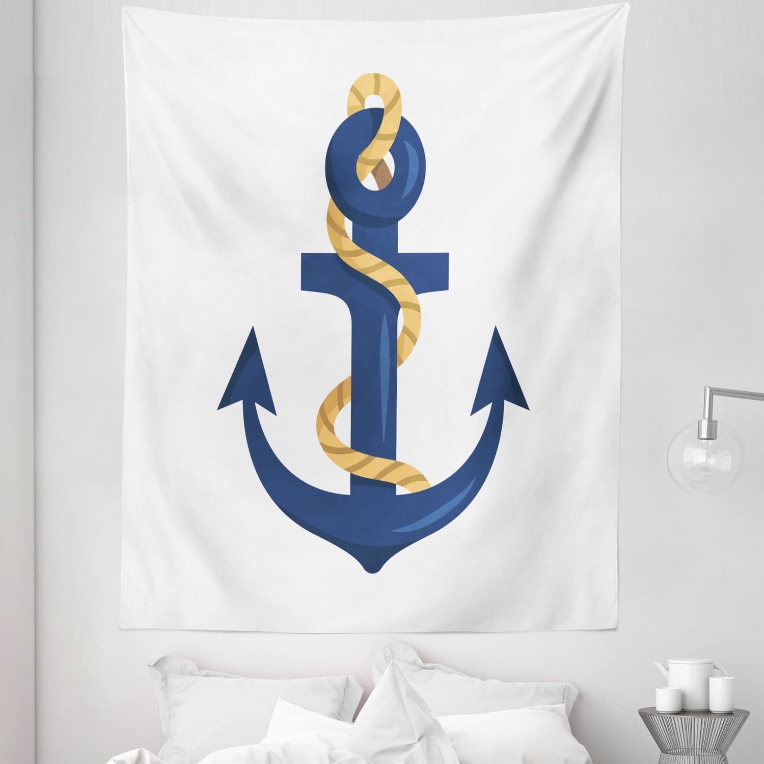 Anchor Tapestry, Nautical Themed Graphic of Cartoon Dark Sky Blue ...