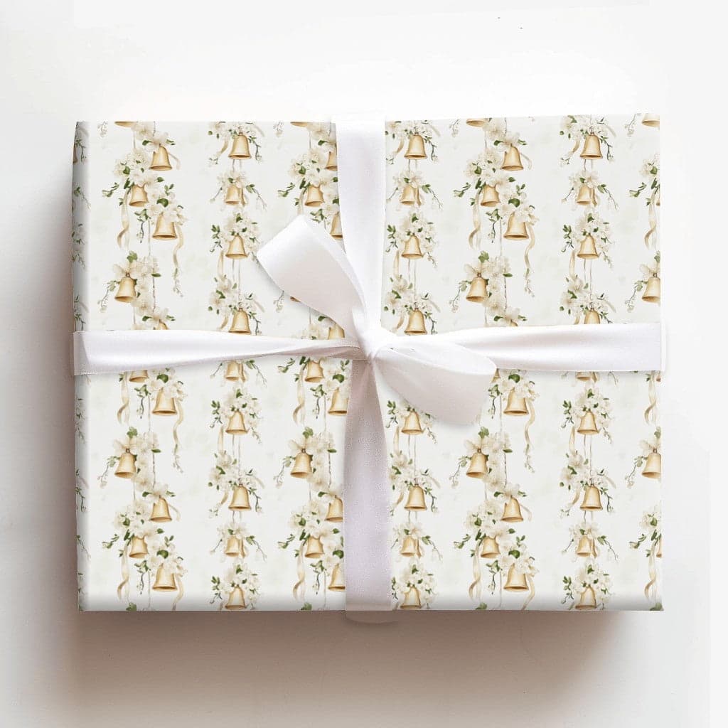Elegant Golden Wedding Bells and White Flowers Gift Wrapping Paper ...