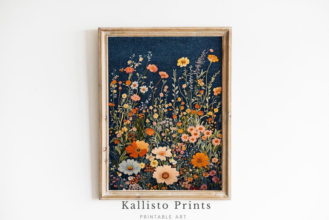 Embroidered Wildflower Art on Deep Indigo Fabric, Cottagecore Floral ...