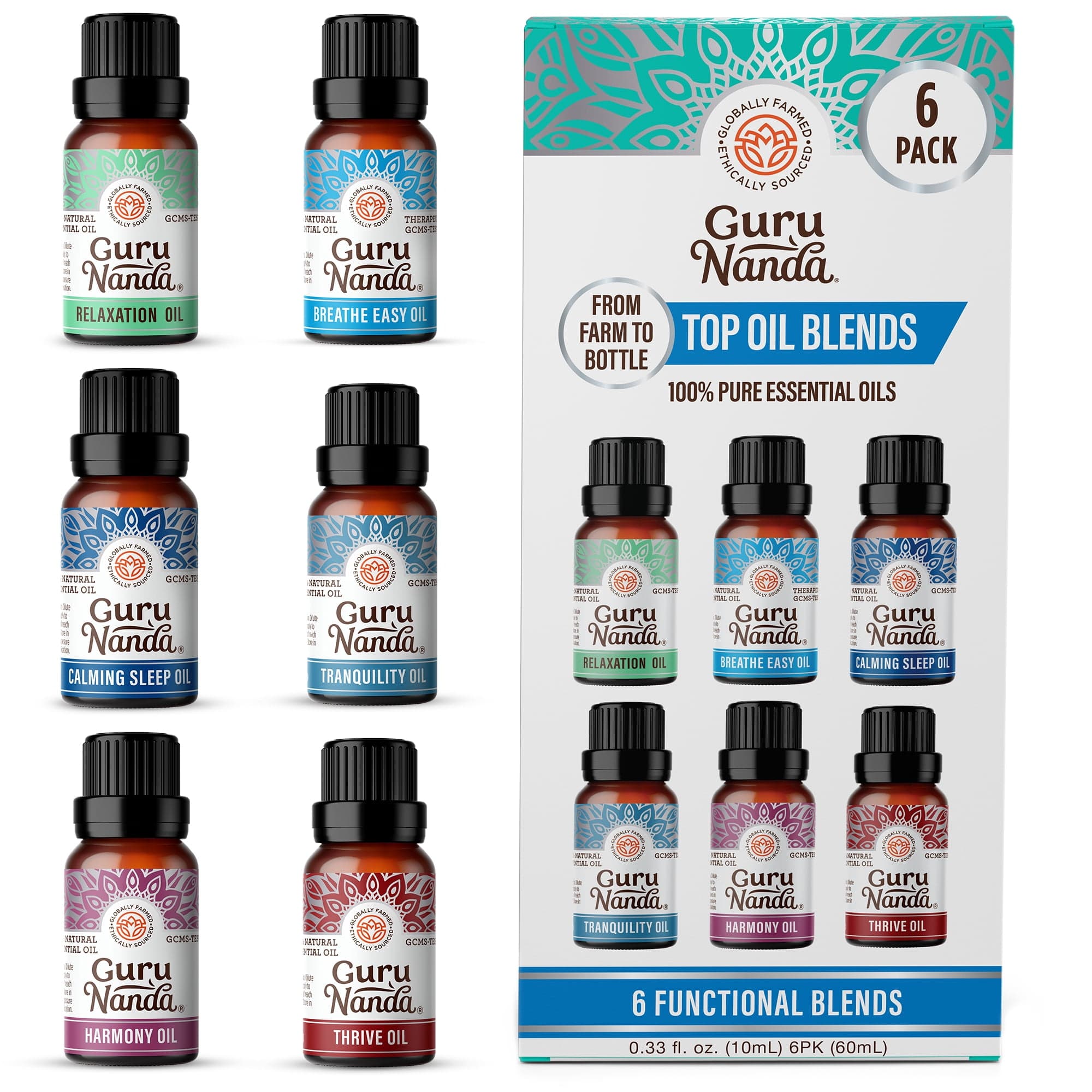 GURU NANDA Essential Oils Set of 6 Blended Scents for Aromatherapy and ...
