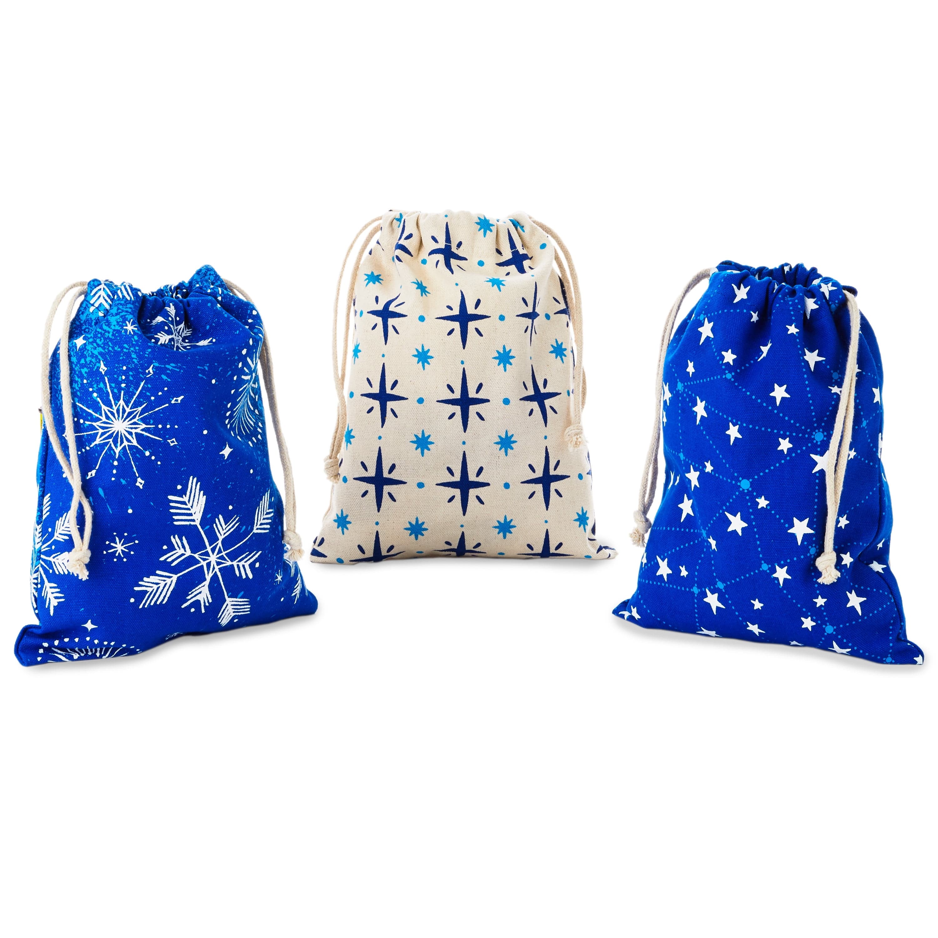 Hallmark Blue Drawstring Christmas Gift Bag Bundle (3 Fabric Gift Bags ...