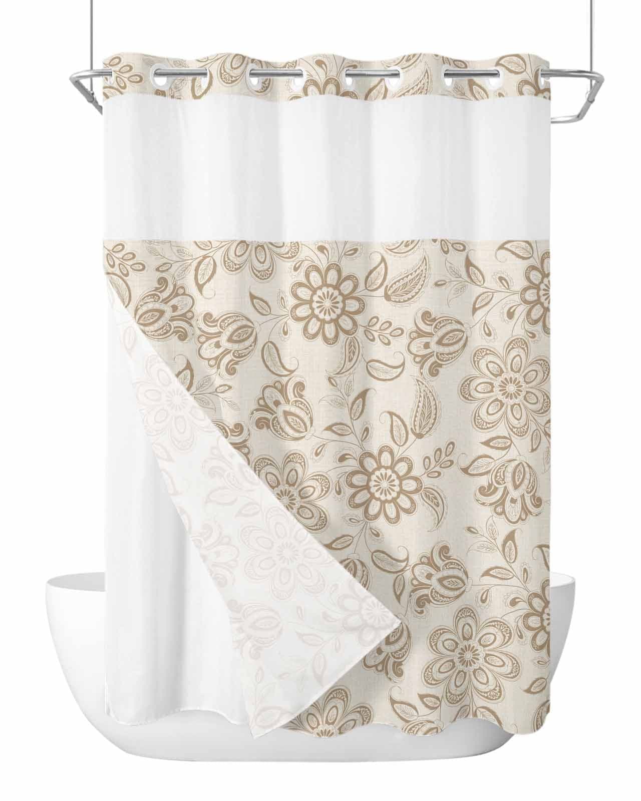 No Hook Cloth Fabric Shower Curtain with Snap in Liner, Brown Flowers ...