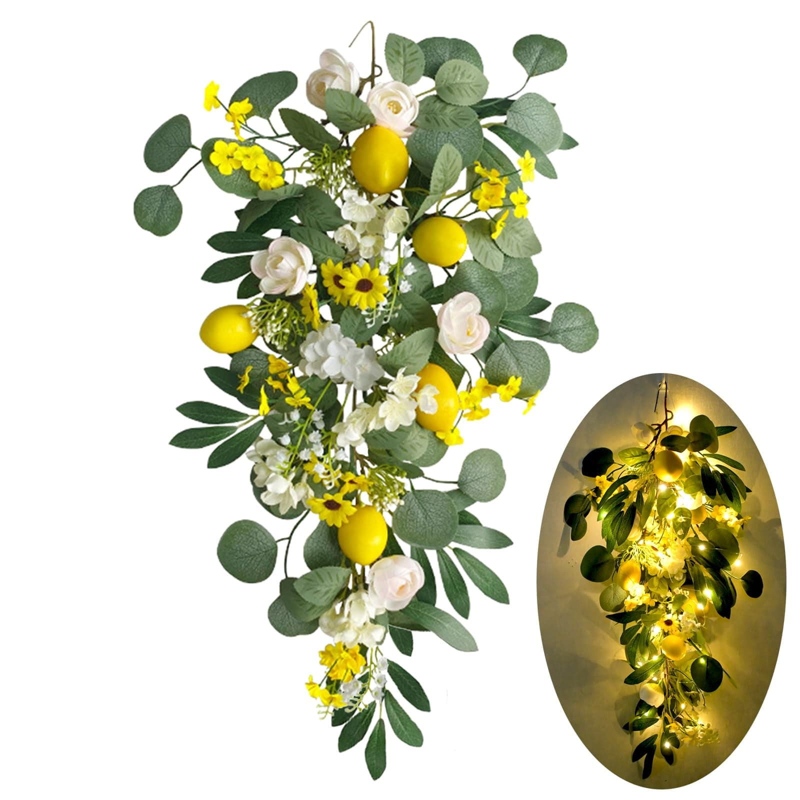 Lemon Door Swag with Lights 27.6" Summer Wreaths for Front Door ...