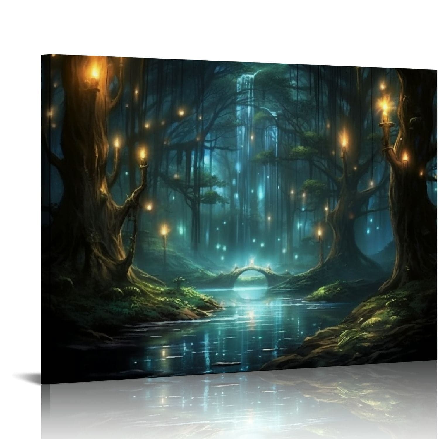 Nawypu Canvas Framed Canvas Wall Art Wood Panel, Enchanted Forest Moon ...