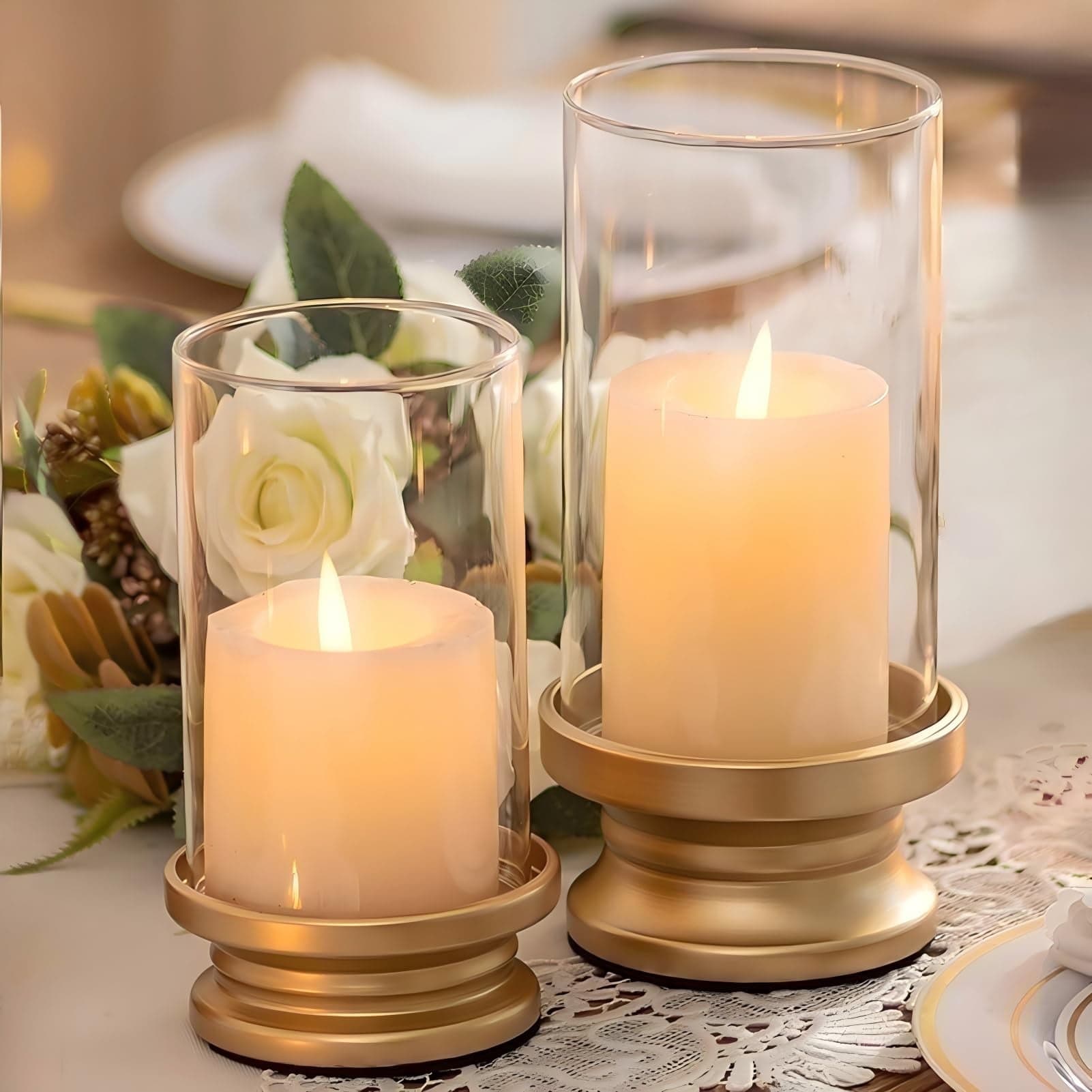 Nuptio Decorative Metal Gold Hurricane Glass Candle Holders for Pillar ...