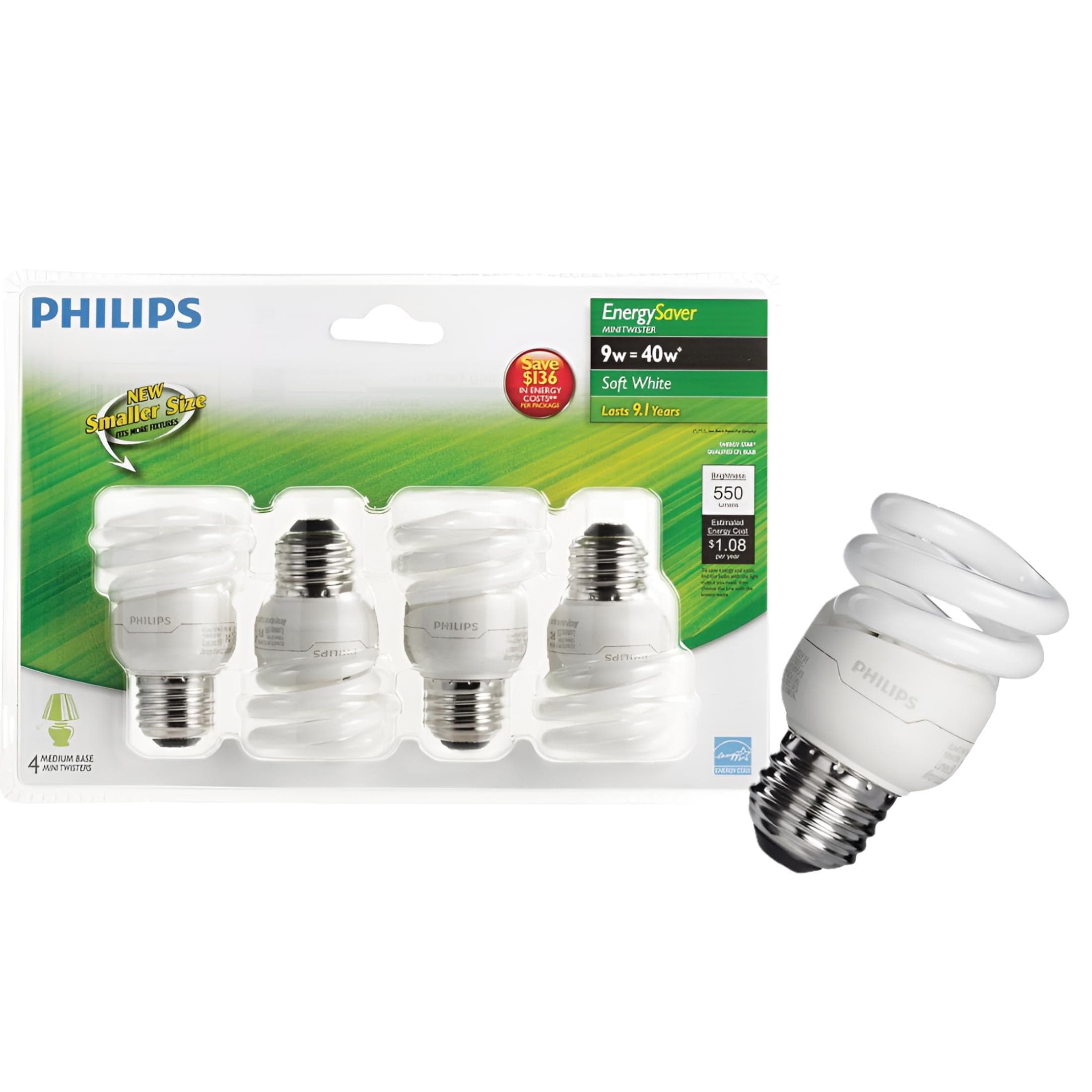 Philips Energy Saver T2 Spiral Long Life CFL Bulb, 9W, 4 Pack - Walmart.com