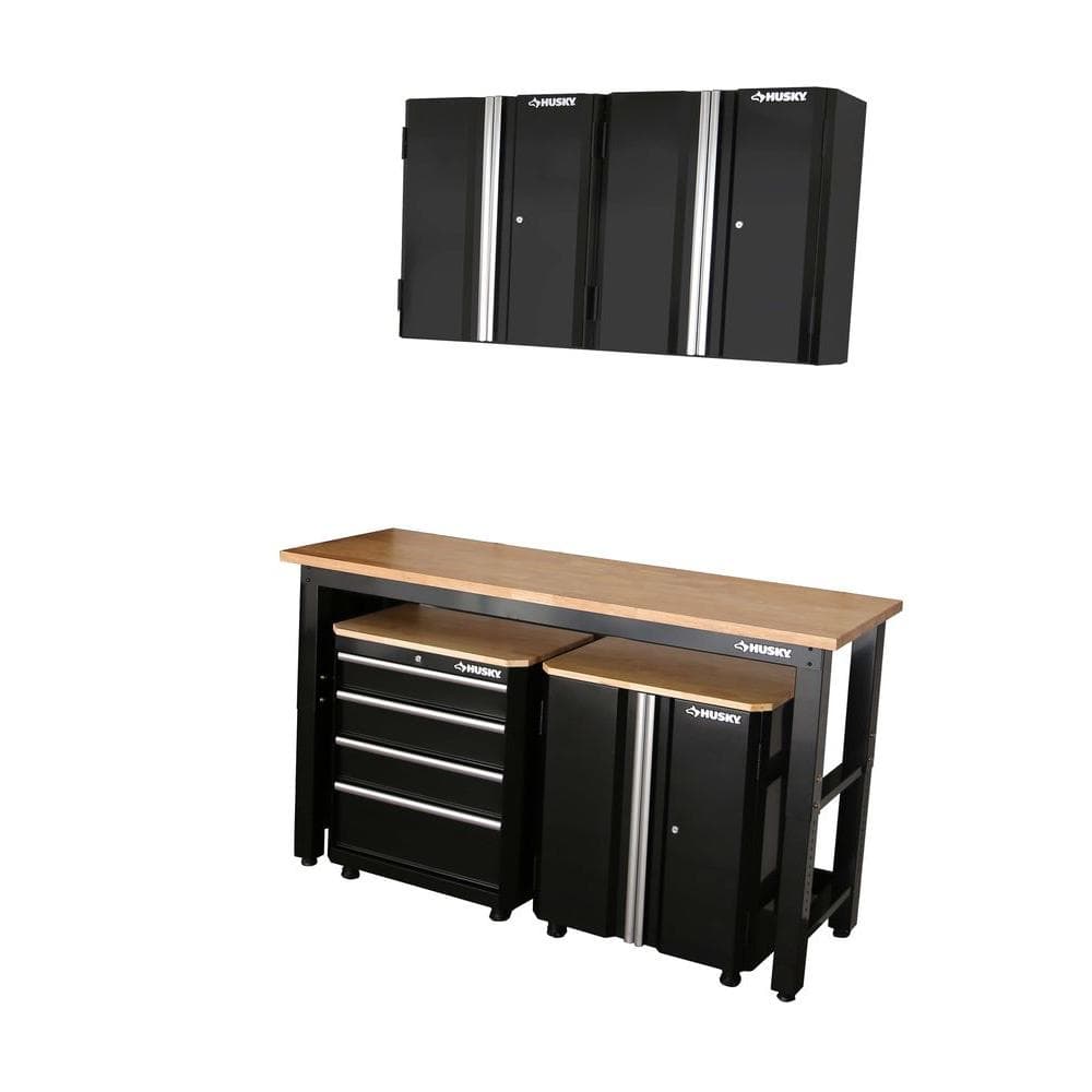 Husky 98 in. H x 72 in. W x 24 in. D Steel Garage Cabinet Set in Black ...