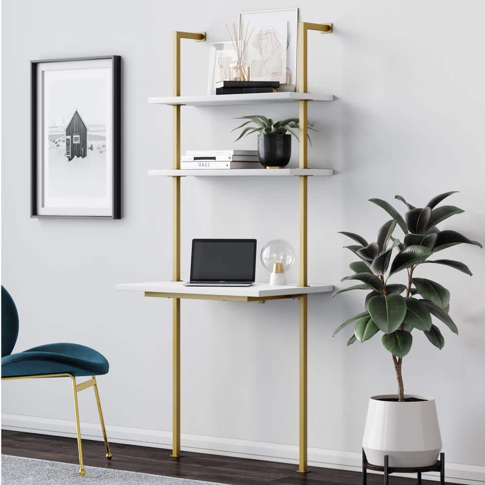 Nathan James Theo 73 in. White Wood and Gold Brass Metal 2-Shelf Wall ...