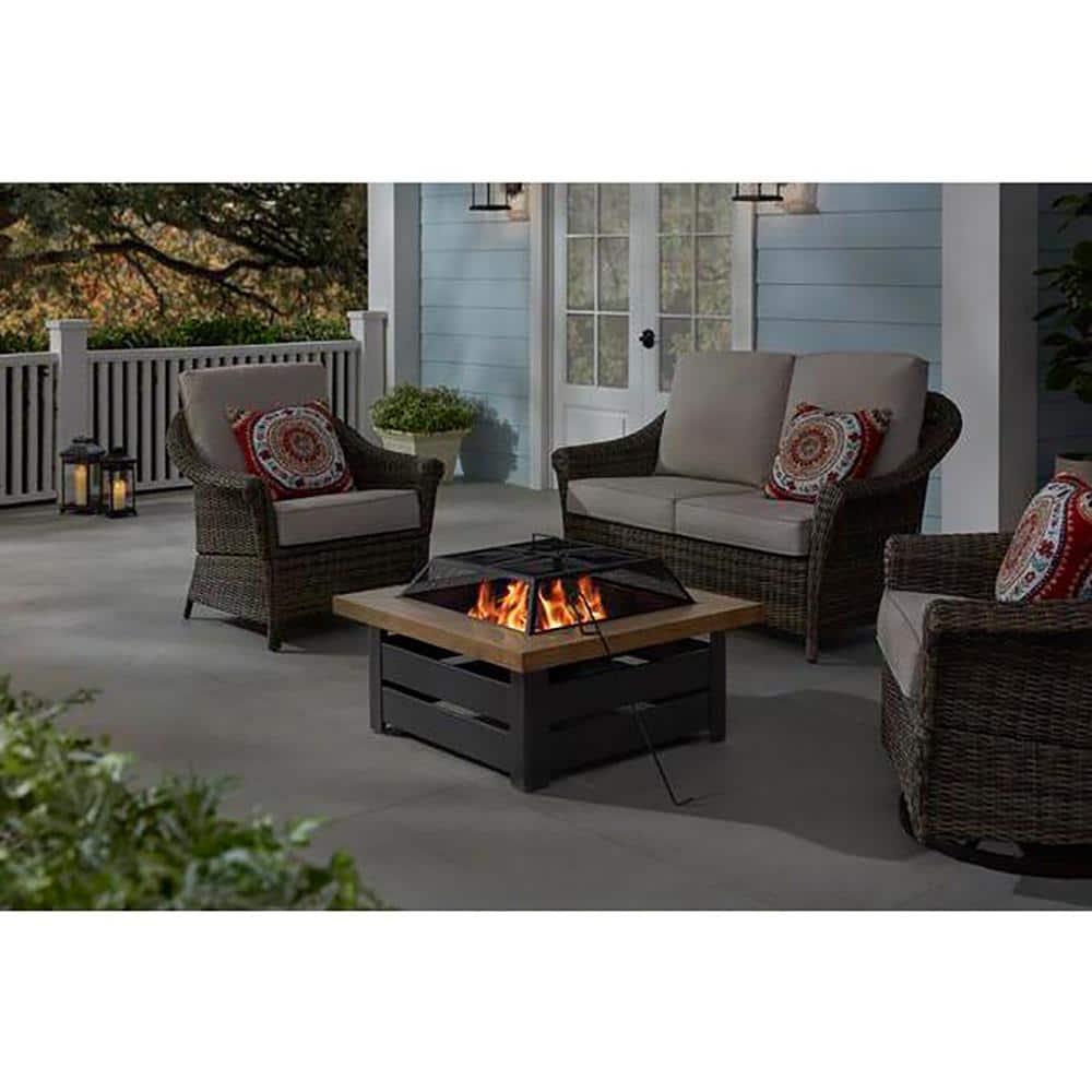 Hampton Bay Stoneham 34.00in. W Black/Brown Steel Wood Outdoor Fire Pit ...