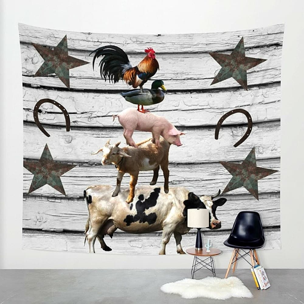 Farm Animal Wall Tapestry Rustic Primitive Stacked Animals