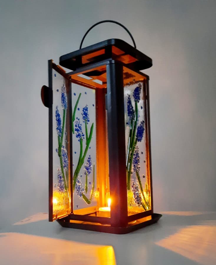 Fused Glass Lantern featuring spring flowers | King's Forge Glass
