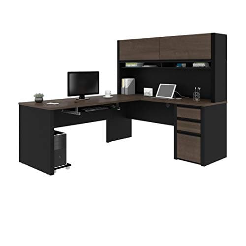Bestar Connexion gal-Shaped Desk with Hutch and Pedestal, 72W, Antigua & Black