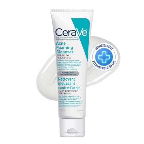 CeraVe 4% Benzoyl Peroxide Acne Treatment Foaming Cleanser Face & Body Wash, with Hyaluronic Acid and Niacinamide. Helps Clear Acne Pimples and prevent breakouts. Gentle Gel, Fragrance-Free, 150ML