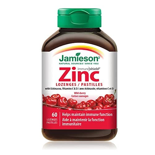 Jamieson Zinc Lozenges Wild Cherry Flavour, with Echinacea, Vitamin C and Vitamin D3, Soothes Sore Throat, and Provides Cold and Flu Symptom Relief. Gluten-Free, No Artificial Colours, Flavours or Preservatives, 60 Count, Proudly American